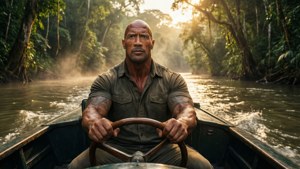 Dwayne Johnson 在黃金時段駕駛小船穿過霧氣瀰漫的叢林河流。