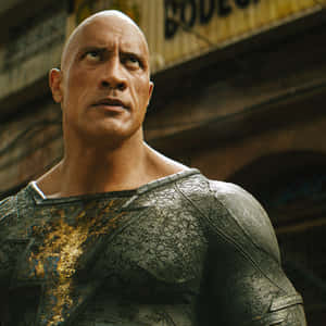 Dwayne Johnson 飾演 Black Adam，身穿破裂盔甲套裝，在破舊小巷中向上看。 — 漫威反派 壁紙