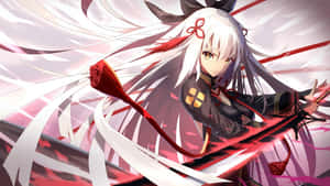 白髮紅飾的動漫女孩揮舞著發光的劍。 — 混沌武士 壁紙
