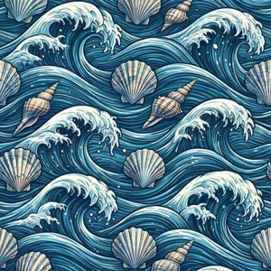 藍色和白色的海浪與貝殼重複圖案。