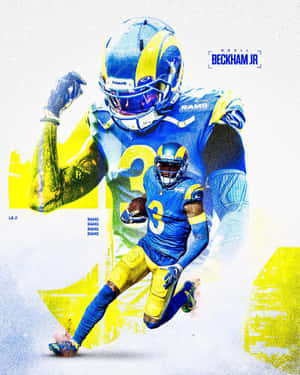 Odell Beckham Jr. 身穿公羊隊球衣，在風格化數位藝術作品中持橄欖球奔跑。 — Apple Watch Ultra 壁紙