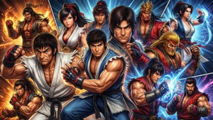 一群動漫武術家以戰鬥姿勢呈現，帶有發光能量效果。