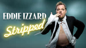 喜劇演員 Eddie Izzard 身穿禮服，霓虹文字寫著 Stripped。 — 1920x1080 壁紙