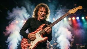 Eddie Van Halen 在舞台上以他標誌性的條紋吉他狂飆演奏