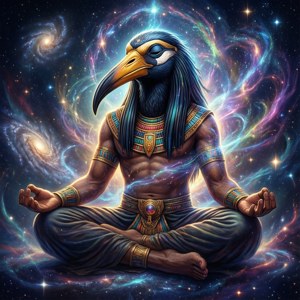 鷹頭埃及神祇在充滿活力的宇宙星系中冥想。