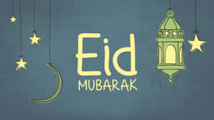 藍色背景上懸掛著星星、月亮和燈籠的 Eid Mubarak 祝福語。 — 16:9 壁紙