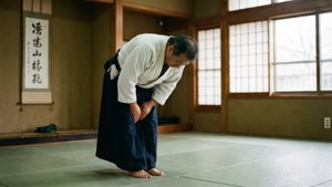 一位年長柔道選手在傳統日本道場中恭敬地鞠躬。