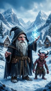 在白雪覆蓋的山村中，巫師和小惡魔與發光的魔法。