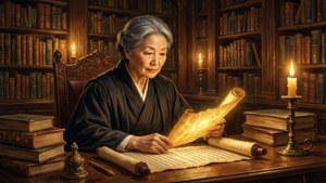 老婦人在燭光圖書館中閱讀發光卷軸，周圍有書架。