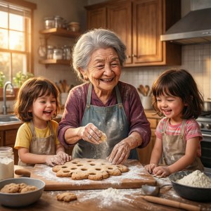 祖母和兩個孩子在廚房裡一邊烤餅乾一邊笑。
