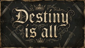 復古風格文字「Destiny is all」被劍與皇冠環繞，置於深色背景上。