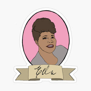 Ella Fitzgerald 的貼紙插圖，粉紅色背景，附有名稱橫幅。 — 動畫女孩 壁紙
