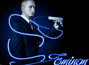 Eminem 手持手槍，發光的藍色霓虹文字拼出他的名字。 — 阿姆 壁紙