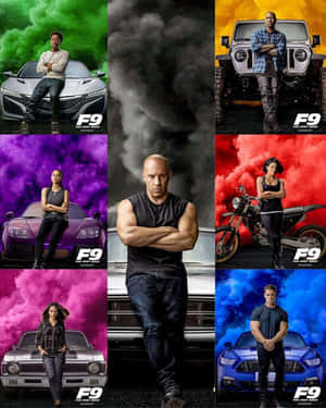 《F9》演員們與汽車和機車一起在彩色煙霧背景前擺姿勢。 — 玩命關頭 壁紙