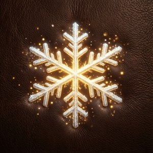 發光的金色雪花在棕色皮革上，帶有閃爍的粒子 — Pixel Watch 壁紙