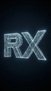 黑暗未來太空場景中的發光線框RX字母。