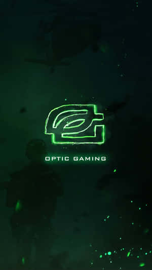 發光綠色Optic Gaming標誌，帶有士兵和直升機剪影在黑暗的水中。 — 深色霓虹 iPhone 壁紙