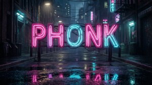 寫著PHONK的霓虹燈牌在夜間的雨城小巷中發出粉紅色和青色的光芒。