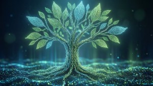 在賽博龐克環境中，從數位地形生長的發光鏈條樹。