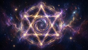 一個光芒四射的金色神秘符號漂浮在色彩繽紛的星際星系中。