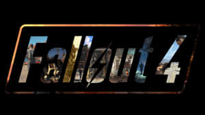 Fallout 4 遊戲標誌，透過字母鏤空可見廢土和未來主義室內場景。 — 異塵餘生4 壁紙
