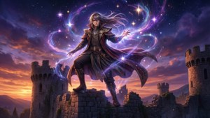 奇幻法師在黃昏時分於城堡廢墟上施展宇宙魔法。