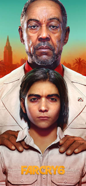 Far Cry 6 的兩個嚴肅角色在日落城市背景下將手放在肩膀上。 — iPhone 14 Plus 壁紙