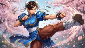 身穿藍色制服的動漫戰士在櫻花瓣中踢腿。