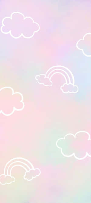 柔和粉彩色天空，帶有白色輪廓雲朵和彩虹 — Pixel 10 壁紙