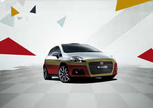 Fiat Punto Evo 汽車，紅色、金色和銀色塗裝，位於棋盤格地板和幾何牆壁前。 — 飛雅特 壁紙