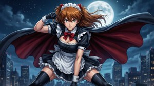 動漫女僕披著斗篷，在滿月下英勇地站在夜晚的城市之上。