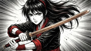 動漫武士戰士手持武士刀，表情強烈，帶有動態線條。