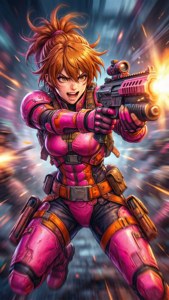 身穿粉紅色盔甲的女戰士在太空中發射發光武器。