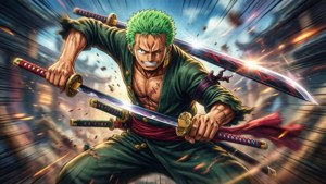 綠發動漫劍士在戰鬥中揮舞三把劍。