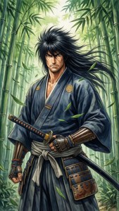 武士在竹林中手持武士刀，樹葉旋轉環繞。 — 청하 壁紙