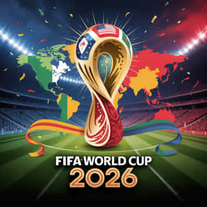 FIFA 2026 世界盃獎盃在足球場上，背景有世界地圖和五彩紙屑 — FIFA 世界盃 壁紙