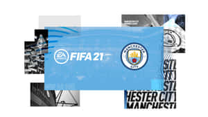 FIFA 21 遊戲封面，帶有曼城標誌和球場視覺元素。 — FIFA 世界盃 壁紙