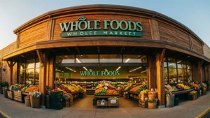 日落時Whole Foods Market店面，色彩繽紛的農產品展示。