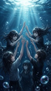 五位動漫女孩在水下向陽光伸手，周圍漂浮著氣泡。