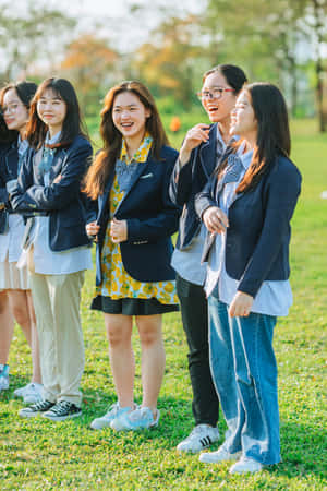 五名穿著校服的女學生在陽光明媚的秋日草地上一起大笑。 — Oppo Pad 壁紙