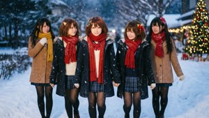 五位穿著冬季外套和圍巾的年輕女性站在雪中，靠近一棵亮燈的聖誕樹。