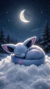 一隻藍色狐狸在彎月下安詳地睡在雪中。