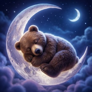 一隻睡著的熊蜷縮在繁星夜空中的彎月上。