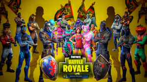 Fortnite Battle Royale 角色身穿色彩繽紛的服裝，手持盾牌和旗幟擺姿勢。 — 要塞英雄 大逃殺 壁紙