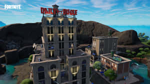 Fortnite 號角日報大樓，發光的窗戶和蜘蛛網在岩石海岸環境中。 — 要塞英雄 大逃殺 壁紙