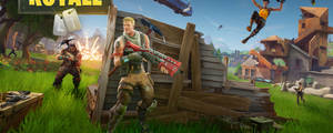 Fortnite 玩家在草地上，有木製結構和飛行車輛的戰場上。 — 精細 壁紙