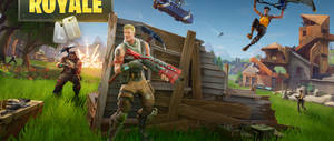 Fortnite 玩家在草地戰場上，有木製結構和飛行載具。 — 要塞英雄 大逃殺 壁紙
