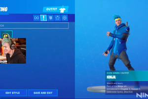 Fortnite 角色自訂畫面，顯示 Ninja 的藍色服裝和直播串流。 — 忍者 要塞英雄 壁紙