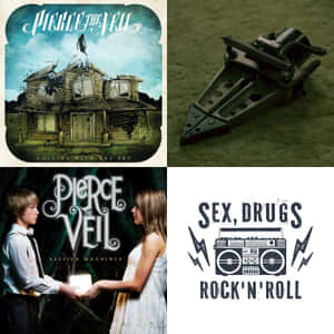 Pierce the Veil 的四張專輯封面，顯示一間鬼屋、一把十字弓、一個拿著燈籠的男孩和女孩，以及一個帶有文字的便攜式音響。 — 美學音樂 壁紙