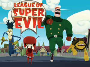 四個卡通反派帶著「League of Super Evil」標誌跑過郊區社區。 — 迪士尼反派 壁紙